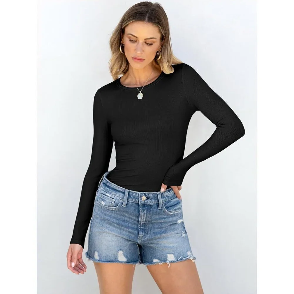 Women Long Sleeve Shirts Rib Knit Slim Fit Tops Basic Tee 2025 Fall Outfits Casu